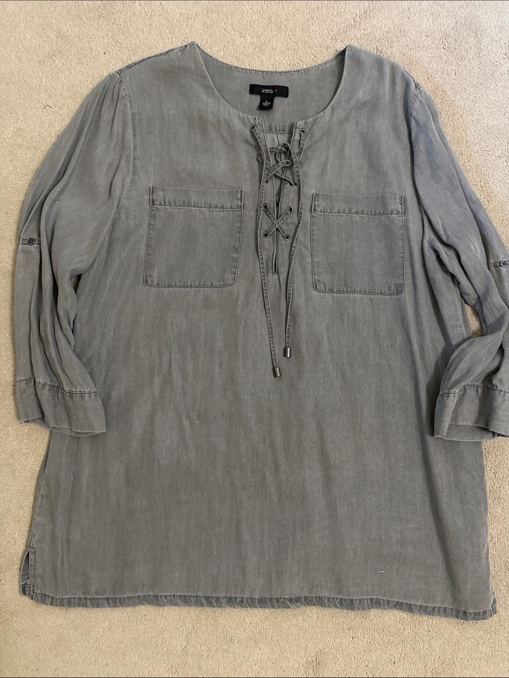 intro. Gray Lace-Up Tunic Top